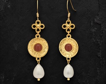 Engraved Medallion Earrings with Pearl Drops, Giulietta