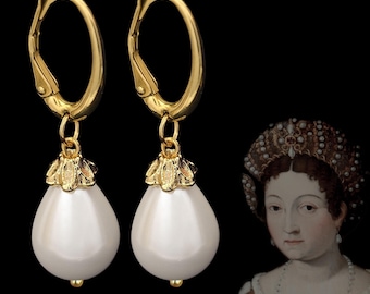 Renaissance Pearl Drop Earrings, Gold Leverback Shell Pearls for Ren Faire or Historical Costume