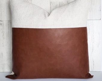 Faux Leather and Woven Neutral Color Block Pillow Cover, Textured Fabric, Cognac Vegan Leather