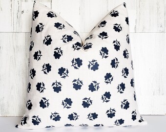 Floral Pillow Cover, Navy Blue Print, Modern Farmhouse Throw (18x18)