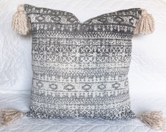 Grey and Cream Pillow Cover with Tassels/  Boho Style Pillow