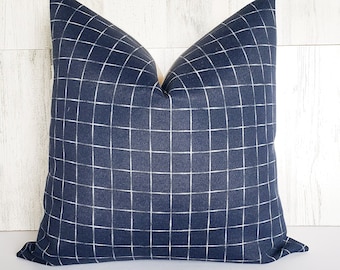 Outdoor Pillow Cover, Navy Blue and White Plaid, Modern Farmhouse, Neutral Throw Pillow