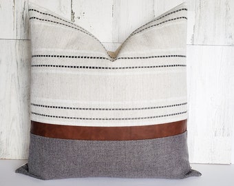 Beige, White and Grey Stripe Pillow Cover, Cognac Faux Leather Detail, Gray Woven Modern Style, Color Block Design, Farmhouse Accent Throw