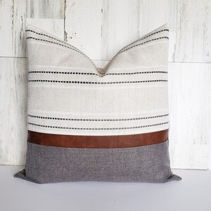 Beige, White and Grey Stripe Pillow Cover, Cognac Faux Leather Detail, Gray Woven Modern Style, Color Block Design, Farmhouse Accent Throw