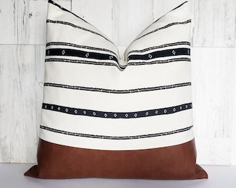 Stripe Pillow Cover, Cognac Faux Leather, Boho Farmhouse Accent