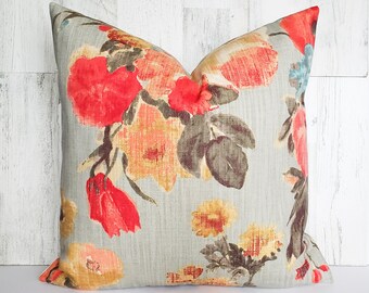 Gray Floral Pillow Cover, Mustard Yellow, Rust Red Flowers, Farmhouse Decor (18x18)