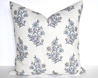 Blue and Mustard Yellow Pillow Cover/Block print floral vine