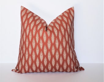 Terra Cotta, Cream Leaves, Block Print, Modern Organic Style, Designer Pillow Cover