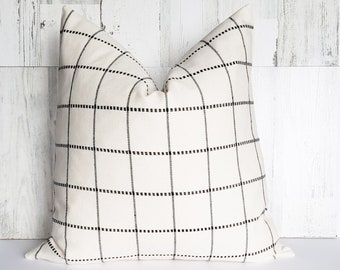 Cream and Black Woven Cover, Plaid Throw, Modern Farmhouse Style, Textured Pillow, Neutral Design