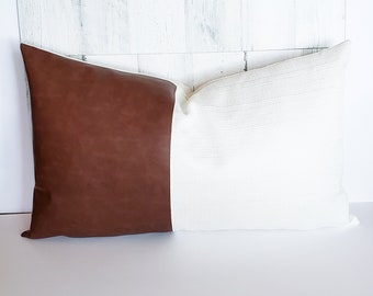 Faux Leather Color Block Pillow Cover, Modern Farmhouse, Boho Style, 12 x 20 Lumbar