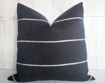 Charcoal Black Embroidered Stripe Pillow Cover / Modern Farmhouse