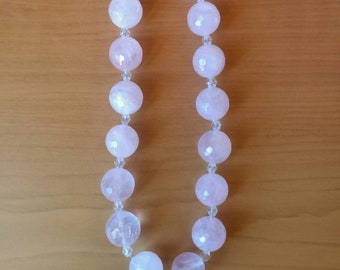 Natural Rose Quartz polyhedral faceted Necklace, Translucent Pink Onyx beaded necklace