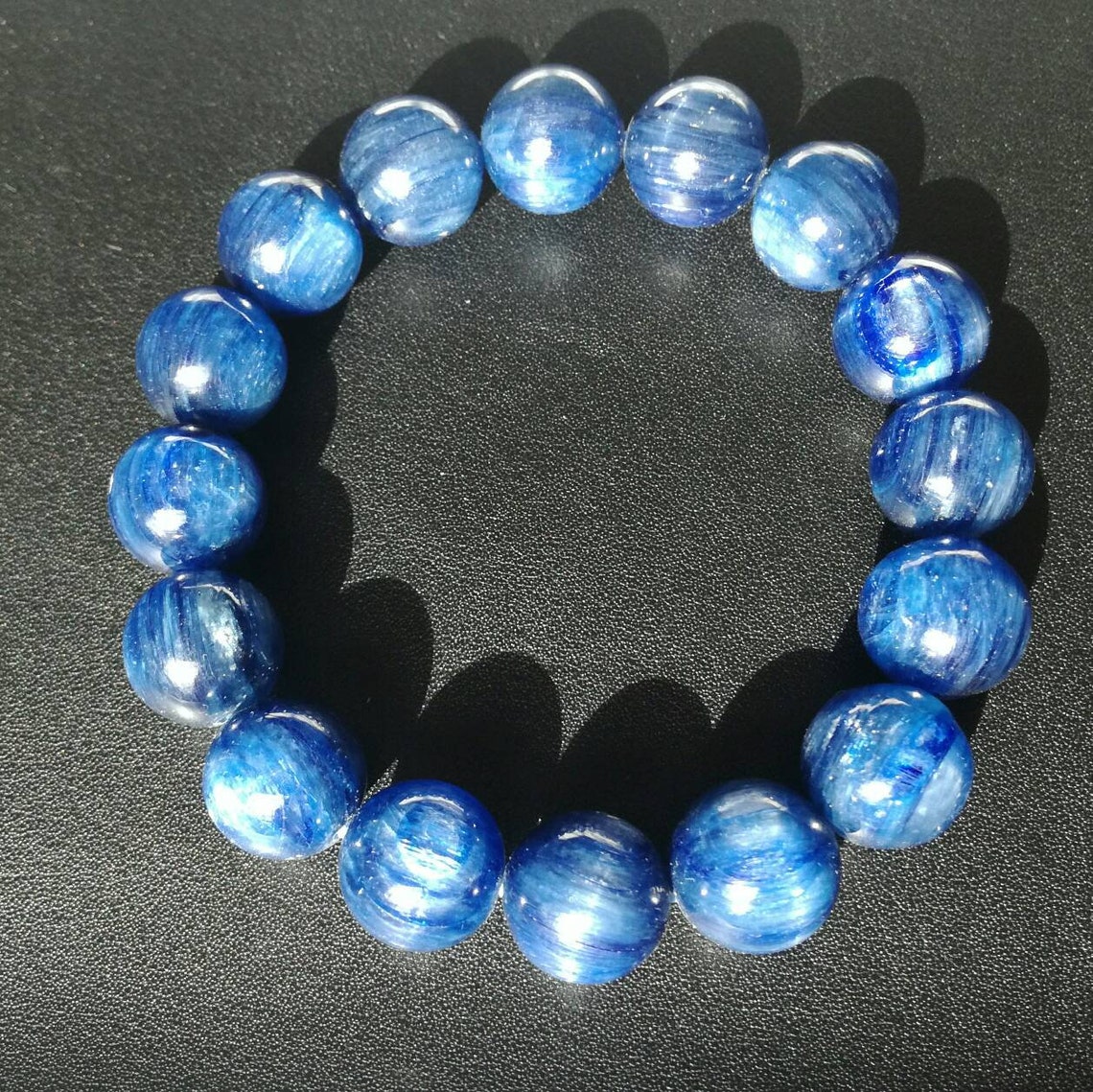 Natural Kyanite Bracelet, Blue Cat's Eye Kyanite Round Beads Gemstone