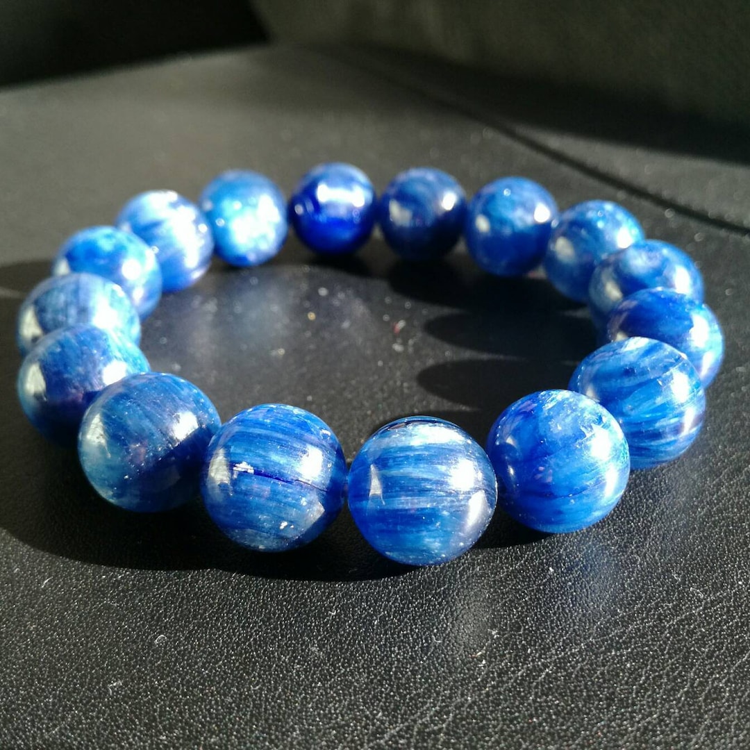 Natural Kyanite Bracelet, Blue Cat's Eye Kyanite Round Beads Gemstone