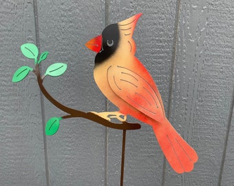 Metal Female Cardinal Yard Stake, Outdoor Bird Decoration, Cardinal Memorial, Metal Yard Art, Bird Garden Stake