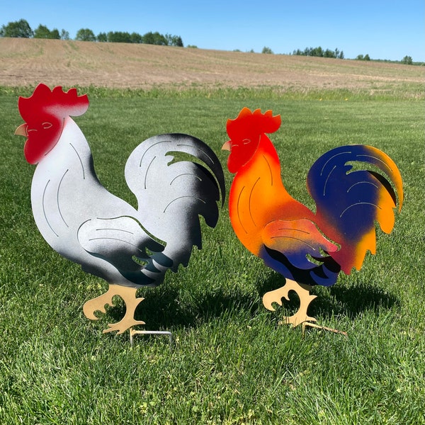 Tuteur de coq extérieur en métal, décor de coq vibrant et coloré, décor de ferme