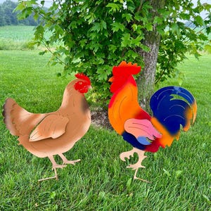 Metal Chicken Set/ Hen and Rooster Metal Yard Decoration/ Farm Decoration/ Chicken Yard Stakes