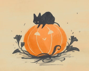 Pumpkin and Black Cat Halloween Fall Small Print 5x5"