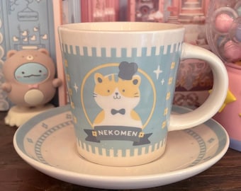 Conjunto de caneca e pires Cat Ramen rosa/azul