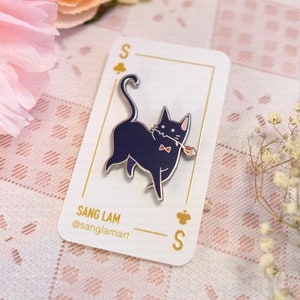 Black Cat with Rose and Bow Tie Matte Silver Enamel Pin