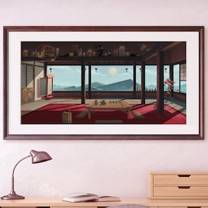 May include: A framed illustration of a traditional Japanese room with a view of mountains and a red carpet. The room is decorated with various objects, including a tea set on a low table.