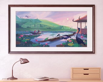 Ilustração de pôr do sol em um lago de flores de lótus