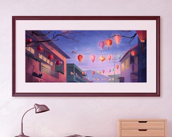 Ilustração de uma cena noturna do Festival das Lanternas