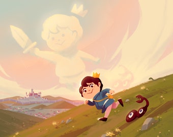 Op de afbeelding: Een cartoonillustratie van een jonge prins die naar een kasteel in de verte rent. Hij draagt een blauwe en gouden outfit en een kroon. Op de achtergrond is een groot, wit, engelachtig figuur met een zwaard te zien. De scène speelt zich af tegen een heldere, kleurrijke lucht.