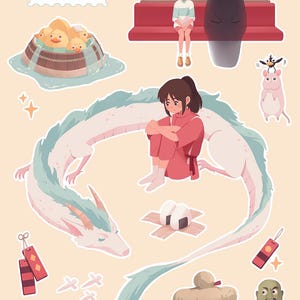 May include: A set of colorful stickers featuring characters and objects from the animated film Spirited Away. The stickers include a white dragon, a girl in a red dress, a No Face character, a train, a bathhouse, and other characters from the film.