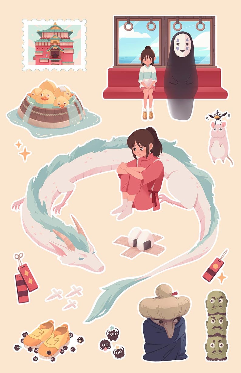 May include: A set of colorful stickers featuring characters and objects from the animated film Spirited Away. The stickers include a white dragon, a girl in a red dress, a No Face character, a train, a bathhouse, and other characters from the film.