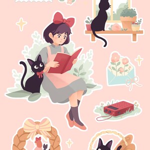May include: A set of stickers featuring a girl with a red bow reading a book, a black cat, a house, a window, a radio, a basket of bread, and a wreath with a cat and a broom. The stickers are on a pink background.