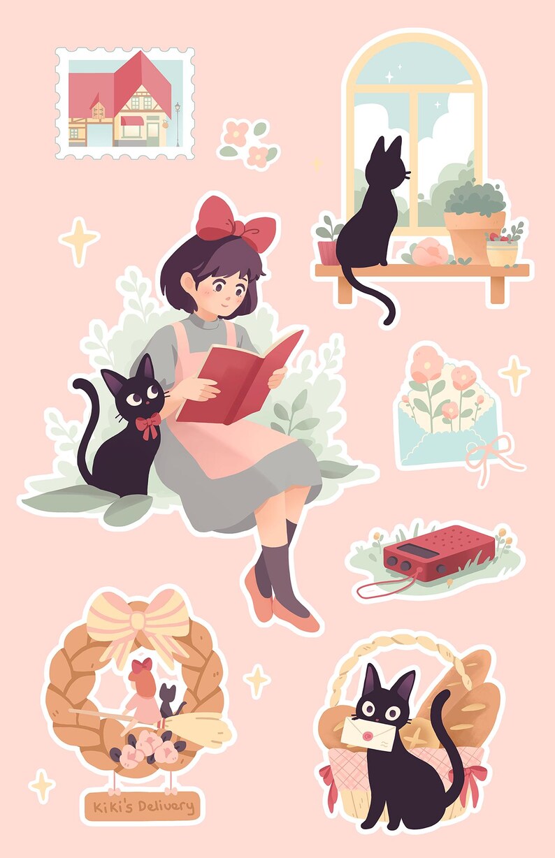 May include: A set of stickers featuring a girl with a red bow reading a book, a black cat, a house, a window, a radio, a basket of bread, and a wreath with a cat and a broom. The stickers are on a pink background.