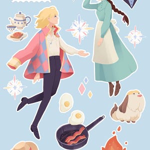 May include: A set of colorful stickers featuring characters and objects from the animated film Howl's Moving Castle. The stickers include Howl, Sophie, Calcifer, the moving castle, and other details from the film.
