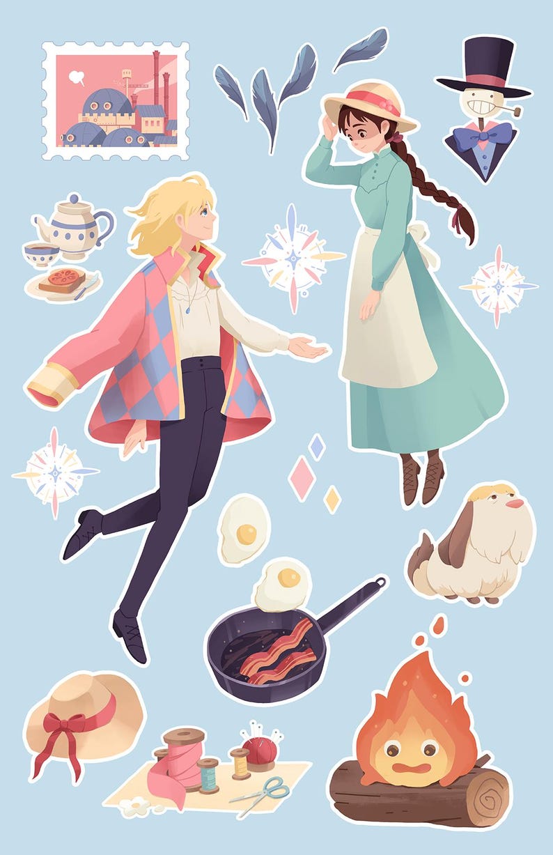 May include: A set of colorful stickers featuring characters and objects from the animated film Howl's Moving Castle. The stickers include Howl, Sophie, Calcifer, the moving castle, and other details from the film.