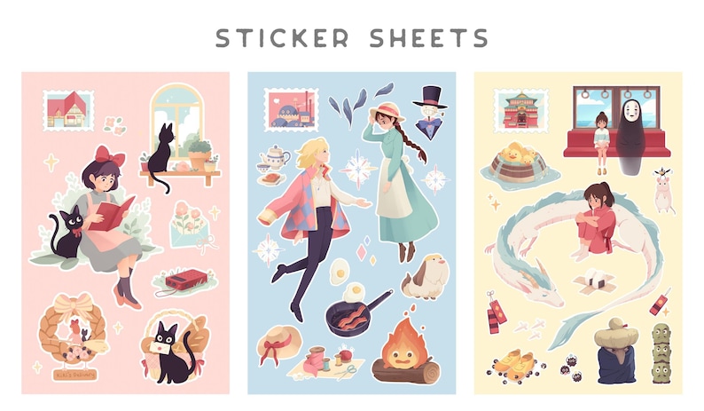 May include: Three sticker sheets featuring characters and scenes from Studio Ghibli films. The first sheet features Kiki from Kiki's Delivery Service, the second sheet features Howl and Sophie from Howl's Moving Castle, and the third sheet features Chihiro and No Face from Spirited Away.