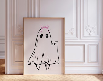 Op de afbeelding: Een zwart-witte illustratie van een geest die een roze strik draagt. De geest is getekend in een eenvoudige, cartoonachtige stijl en heeft een vriendelijke uitdrukking.