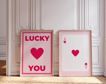 rendy Retro Wall Art Set Of 3, Retro Trendy Aesthetic Print, Pink Ace Card Poster, Lucky You Poster, Trendy Wall Art, Funny Art, Digital