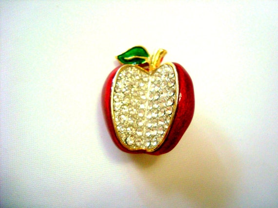 Vintage apple brooch, Red enamel apple Brooch, Rhi