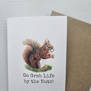 Puede incluir: Una tarjeta de felicitación blanca con una ilustración a lápiz de color de una ardilla marrón sobre un trozo de hierba verde. Debajo de la ardilla, el texto "Go Grab Life by the Nuts!" aparece en una fuente negra estilo máquina de escribir.