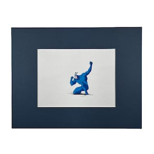 May include: A blue superhero character with a mask and a pointed head is kneeling with one arm raised in the air. The character is drawn in a cartoon style on a white background.