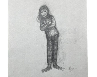 May include: A pencil drawing of a young person standing with their arms crossed. The person is wearing a long-sleeved shirt and pants. The drawing is on a light gray background and signed "gw".