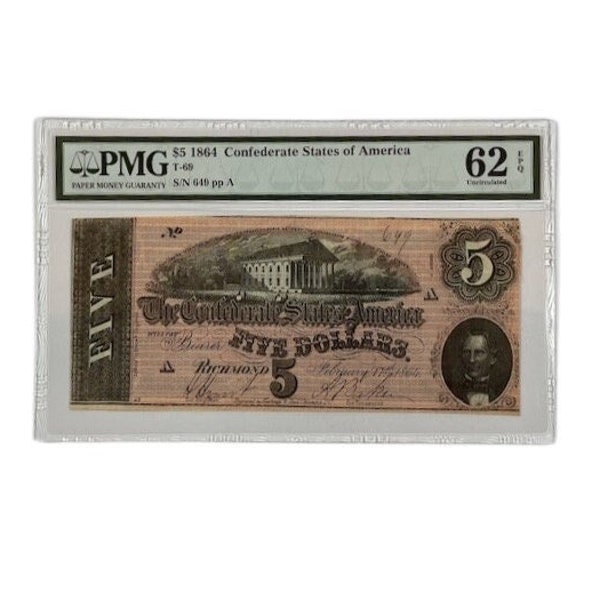 Low Serial Number, Obsolete US Currency, 1864 Confederate States of America, 5 Dollars, PMG Graded