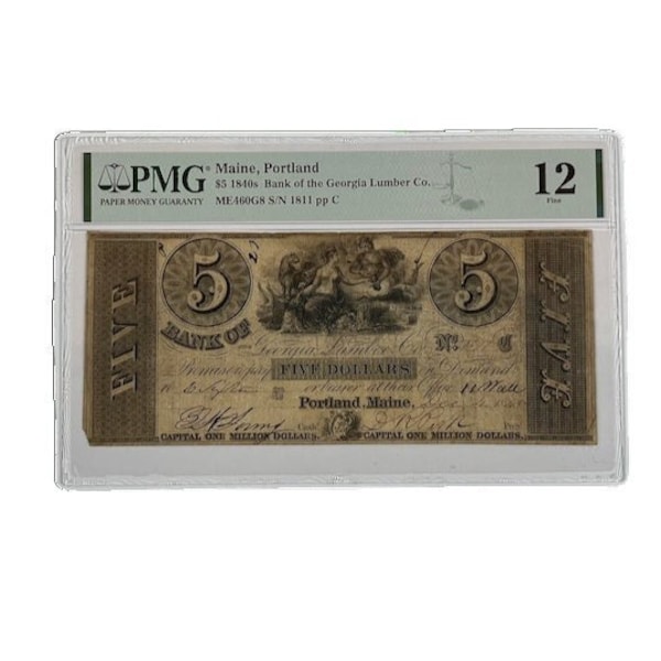 Obsolete US Currency, 1840s Portland Maine, 5 Dollars, PMG Graded