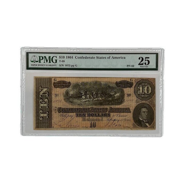 Low Serial Number, Obsolete US Currency, 1864 Confederate States of America, 10 Dollars, PMG Graded