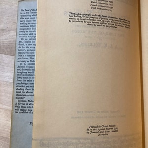 May include: A close-up of a book's copyright page with information about the book's publication history, including the first publication date, subsequent impressions, and copyright details. The text includes the title "The Lord of the Rings" and the author's name, J.R.R. Tolkien.