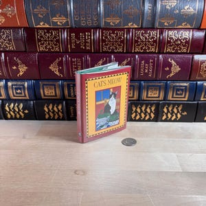 Può includere: Un piccolo libro rosso intitolato "Cats Meow" con l'immagine di un gatto bianco e nero in una finestra. Il libro è posizionato davanti a una pila di libri antichi con scritte dorate e disegni decorativi.