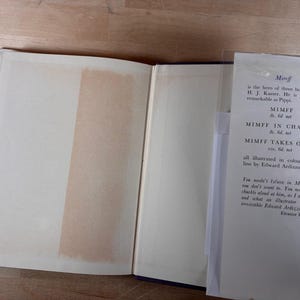 Puede incluir: Un libro abierto con lomo marr&oacute;n claro y p&aacute;ginas blanquecinas. Una funda de pl&aacute;stico transparente contiene un inserto de papel blanco con texto negro, incluido el t&iacute;tulo "Mimff" y detalles del libro. El libro est&aacute; sobre una superficie de madera.