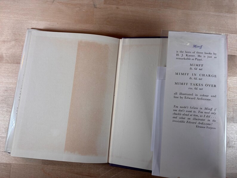 Puede incluir: Un libro abierto con lomo marr&oacute;n claro y p&aacute;ginas blanquecinas. Una funda de pl&aacute;stico transparente contiene un inserto de papel blanco con texto negro, incluido el t&iacute;tulo "Mimff" y detalles del libro. El libro est&aacute; sobre una superficie de madera.