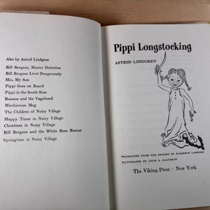 May include: An open hardcover book titled Pippi Longstocking by Astrid Lindgren. The left page lists other works by the author, while the right page features the title, author name, a black and white illustration of Pippi, and The Viking Press New York.