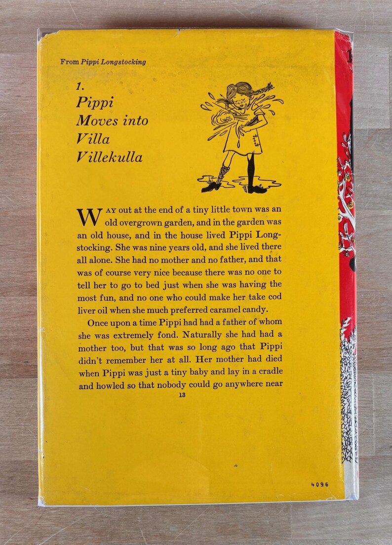May include: A yellow book cover featuring a black and white illustration of a girl with braided hair. The text reads: From Pippi Longstocking, 1. Pippi Moves into Villa Villekulla, and includes a paragraph starting with Way out at the end of a tiny little town.